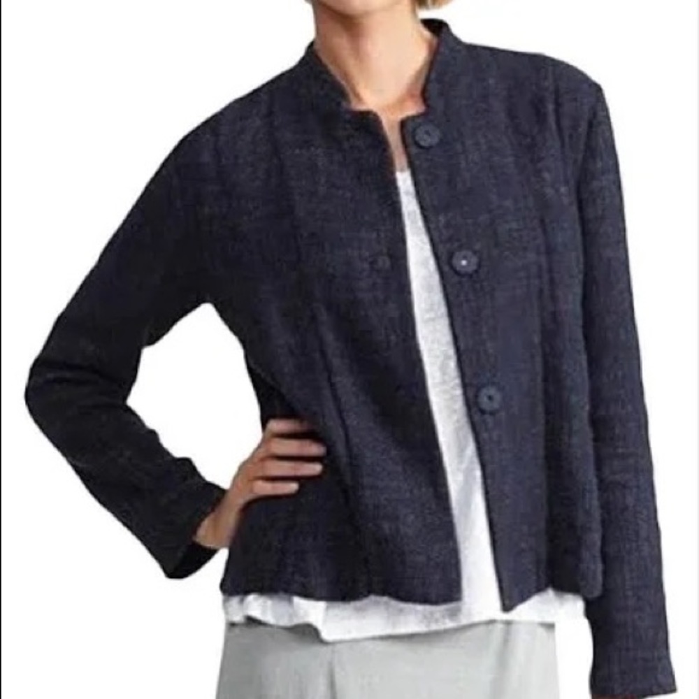 Eileen Fisher INDGO Mandarin Stitched Cotton Linen Tweed Jacket